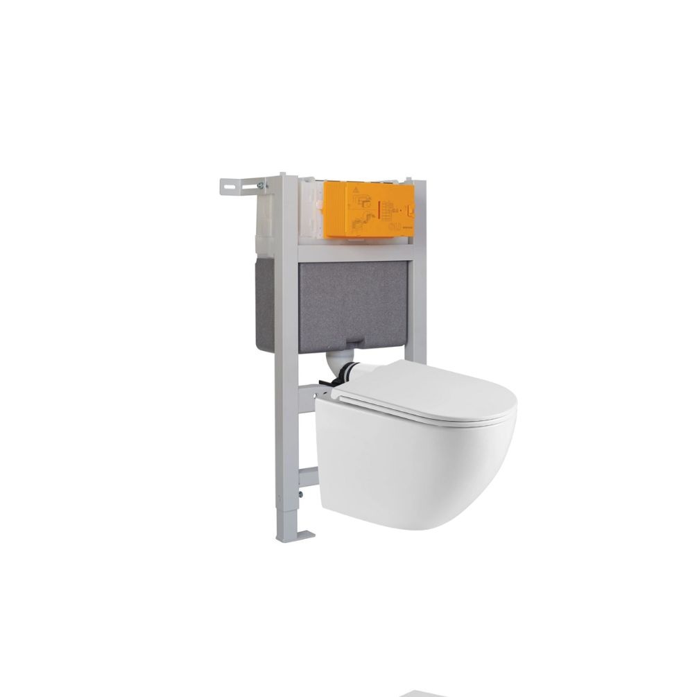 JTP Wortex White Wall Hung Rimless Toilet with Seat & 0.82m Concealed Cistern & W.C Frame Set cut out
